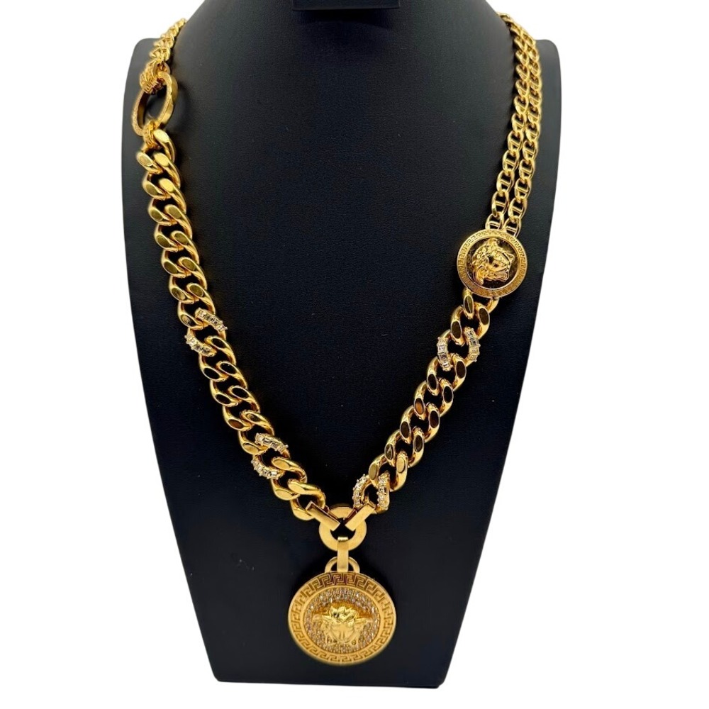 Versace Medusa Head Gold Tone Crystal Encrusted Curb Link Necklace Mens Jewelry